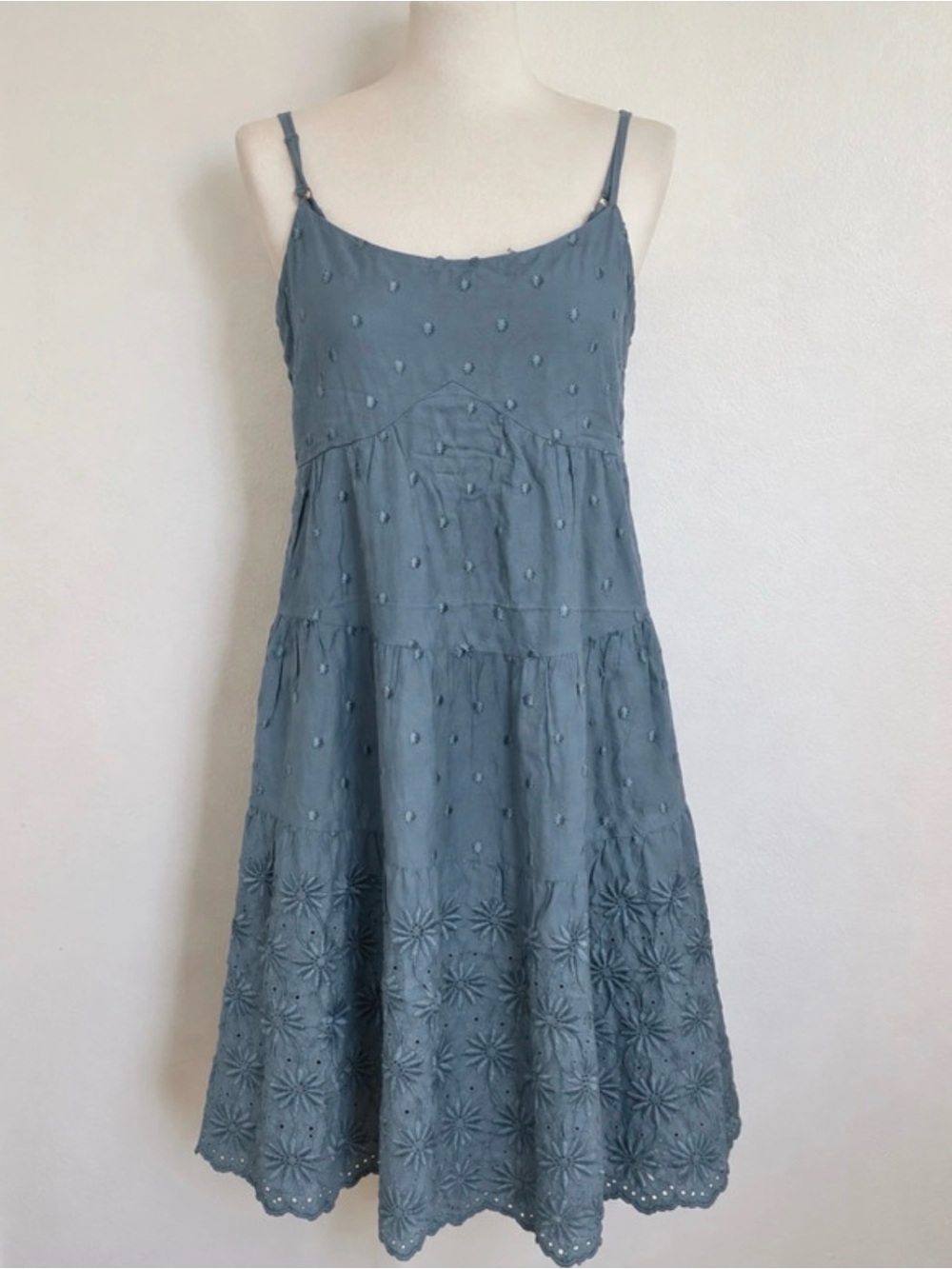 Blue Spaghetti-Strap Embroidered Tiered Dress
